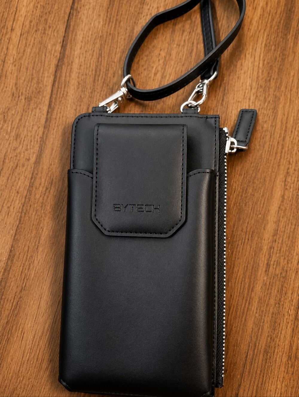 BYTECH Black Leather Crossbody Phone Wallet with Zipper Pocket